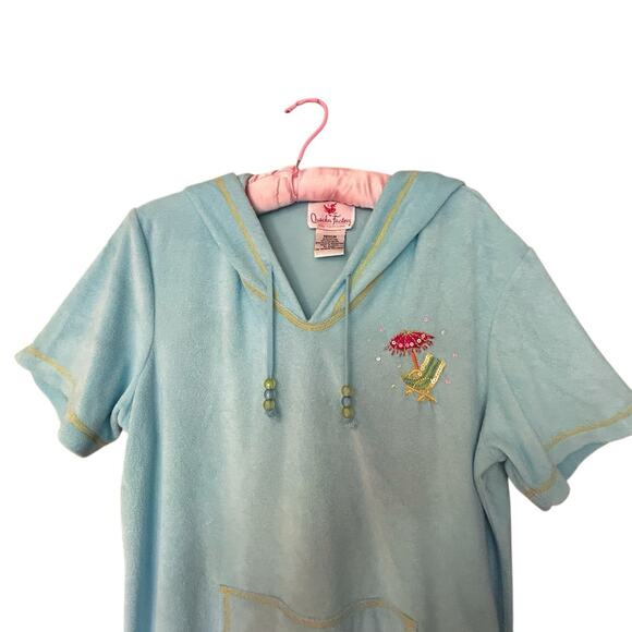 QUACKER FACTORY Terry Hoodie Swim Dress Cover-Up Aqua Blue Sequins Beads Size M - Picture 2 of 15